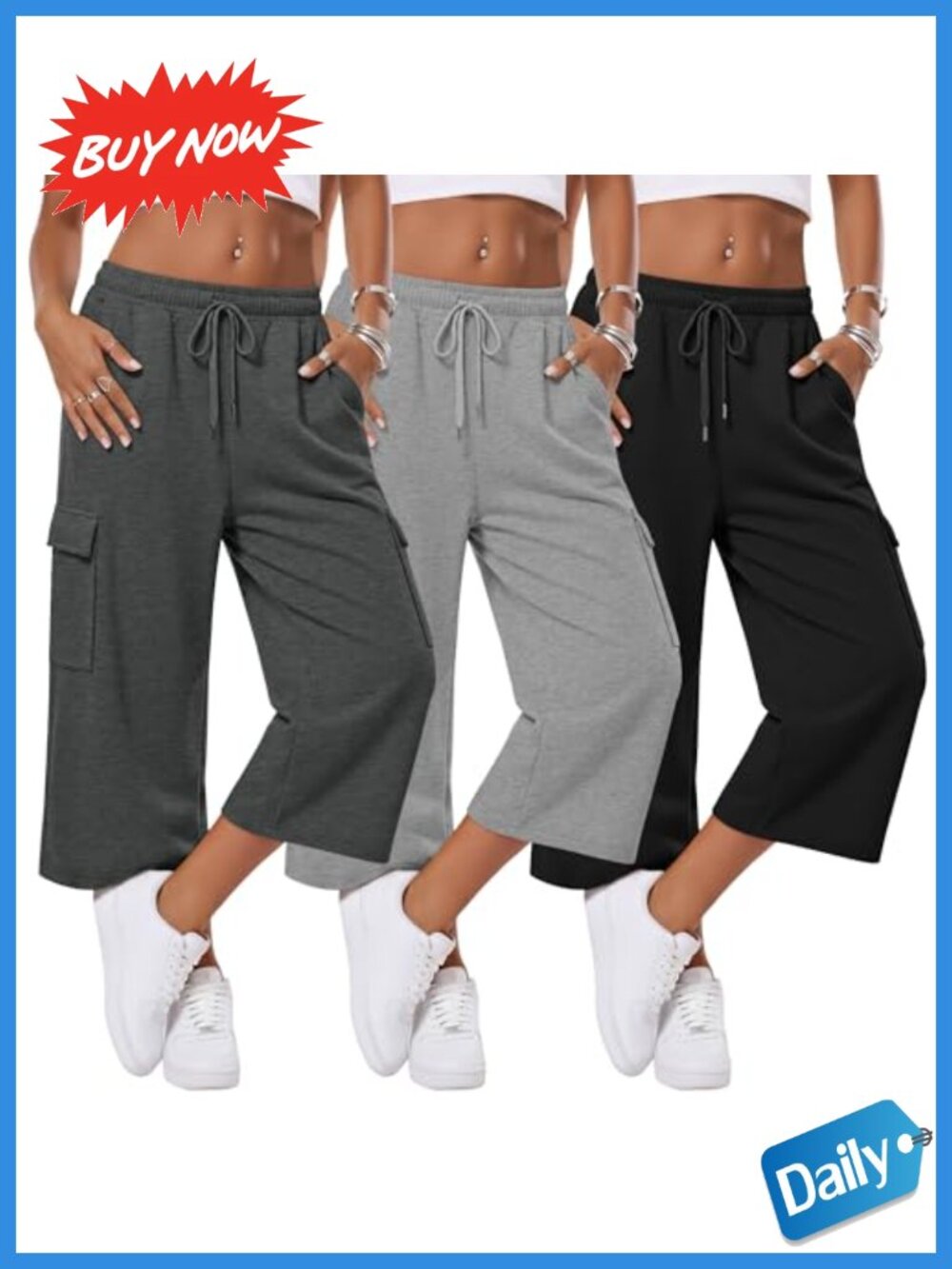 Women's Cargo Capri Sweatpants 3 Pack Polyester Cotton Drawstring